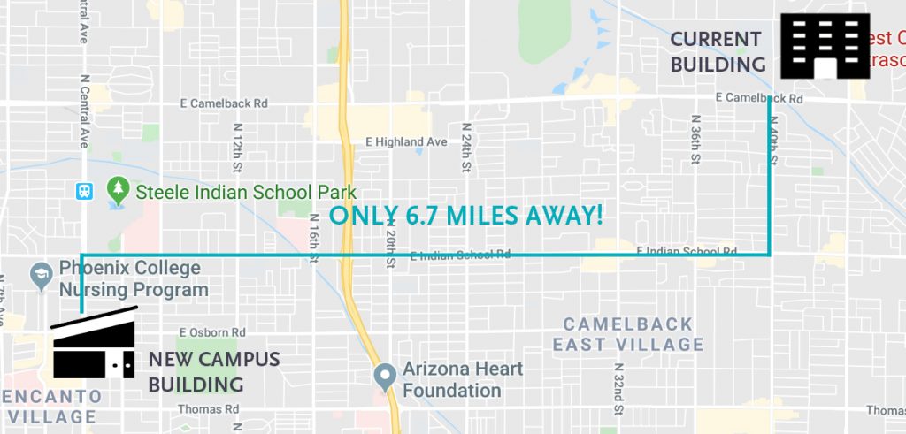 Google map showing the 6.7 mile difference between the current and new WCUI Phoenix campus